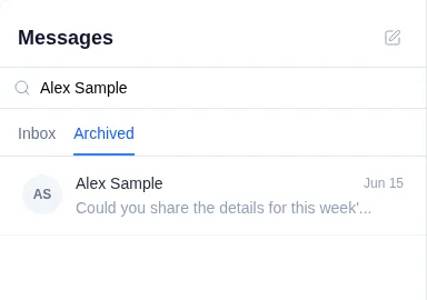 The Archived tab filtered to the fictional Alex Sample conversation.