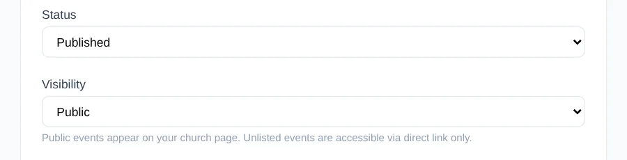 The Event edit controls with Published status and Public visibility selected.