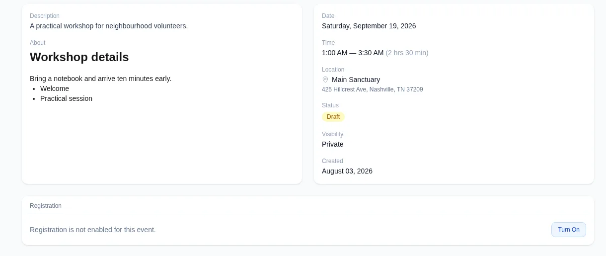 The duplicated Event details showing copied content and location, Draft status, Private visibility, and registration turned off.