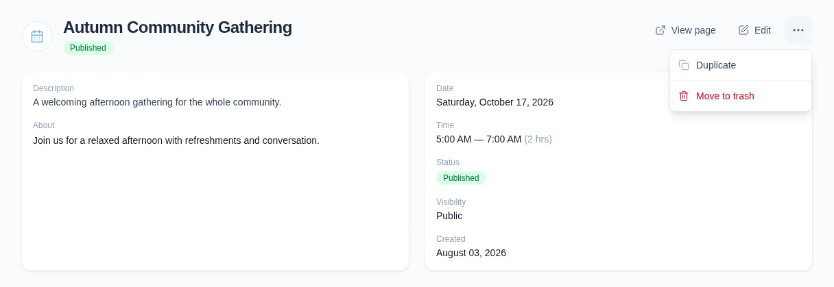 More event actions menu on a published Event with Move to trash highlighted in red.
