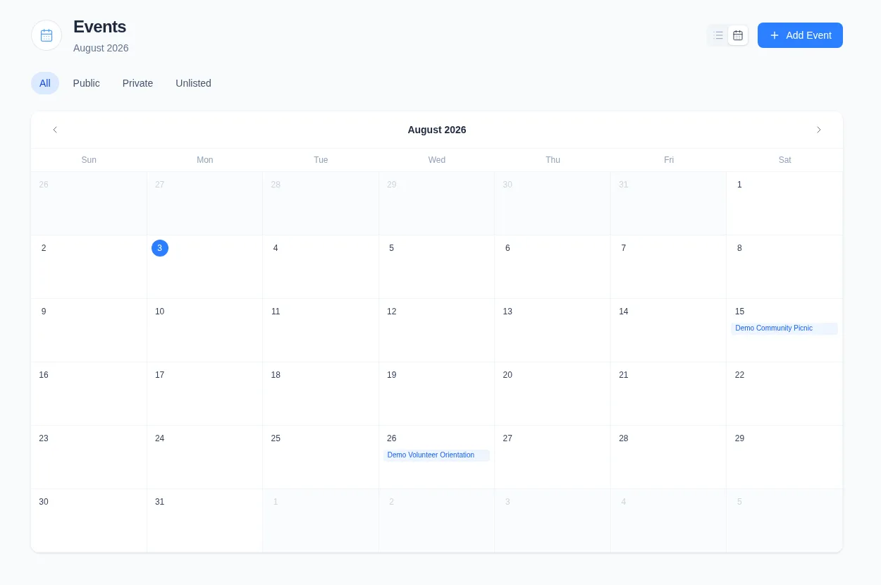 Admin Event calendar showing month controls, visibility filters, the current-day highlight, and Event links.