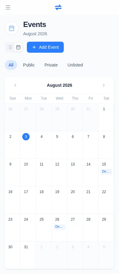 Mobile Event calendar showing the complete month grid and controls in a narrow layout.