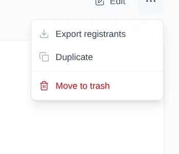 More event actions menu with Export registrants at the top.