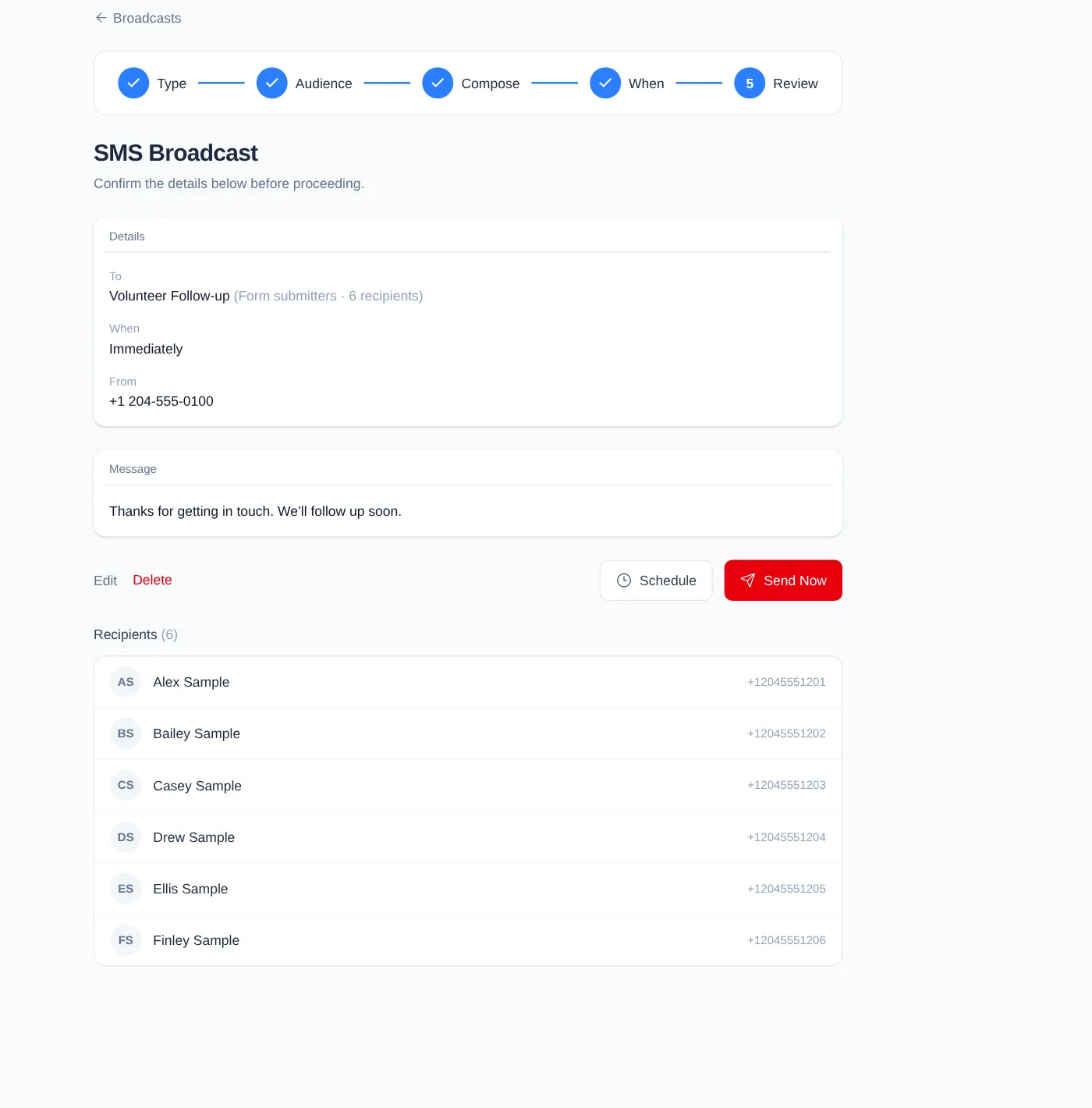 SMS Broadcast Review showing a Form submitter snapshot, six fictional recipients, and the untouched Schedule and Send Now controls.