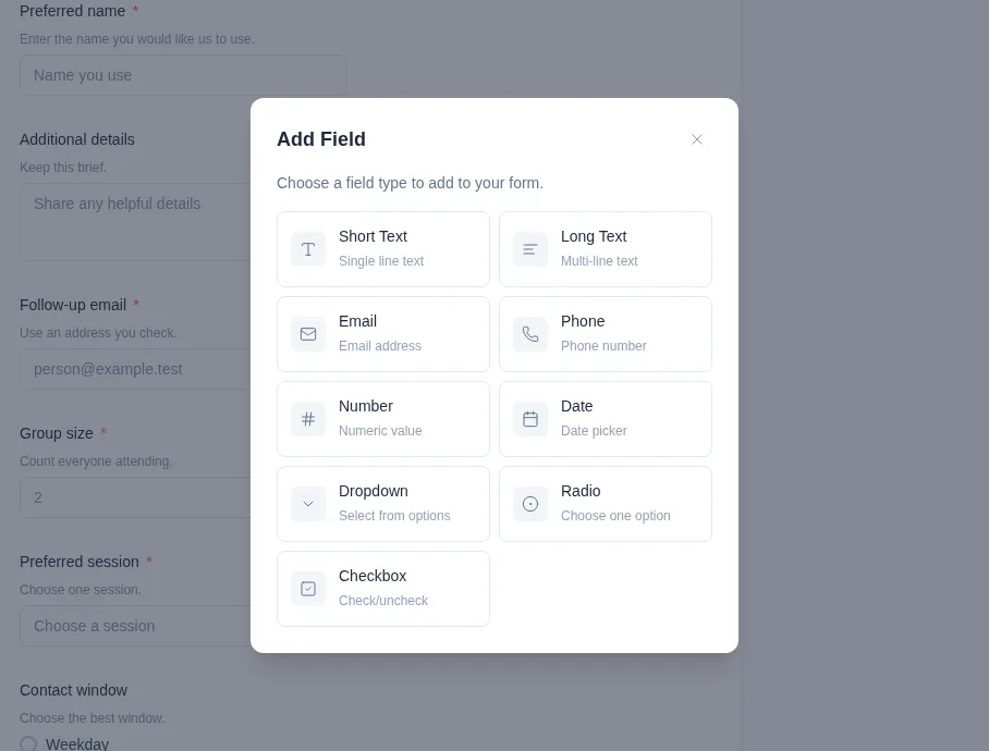 Add Field dialog showing all nine available field types.