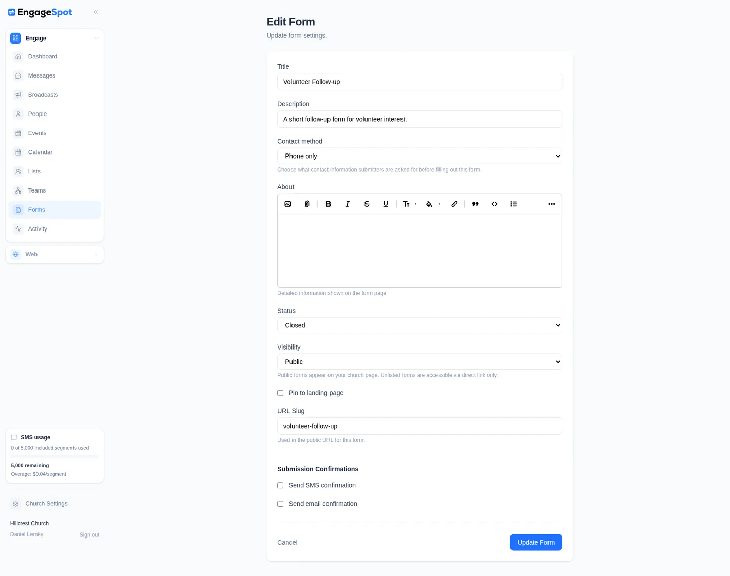 The complete Form settings card with Status set to Closed.