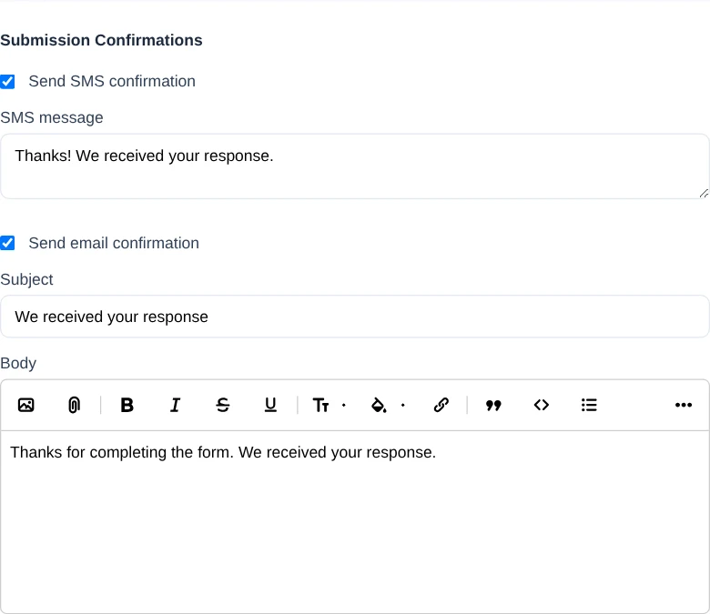 Submission Confirmations with both channels enabled and sanitized SMS, subject, and email body content.