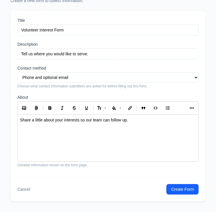 The New Form card completed with a fictional title, description, contact method, and About information.