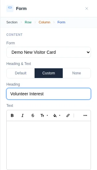 The Form block panel with a Form selected and Custom heading controls visible.