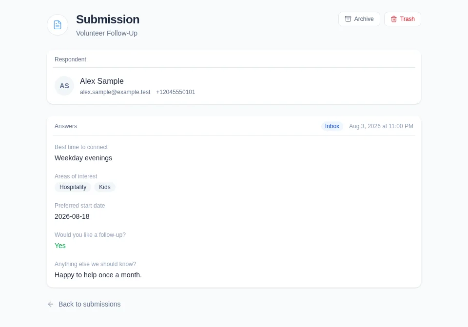 A Form submission showing fictional respondent contact details, answer labels, answer values, and Inbox status.