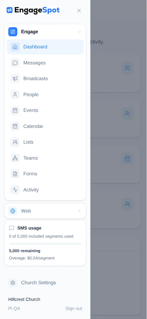 Engage Spot navigation menu open over the Dashboard on a phone.
