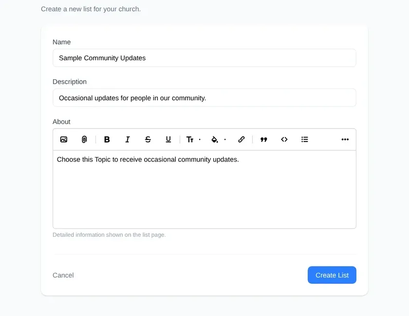 The New List form filled with a fictional name, description, and About information.