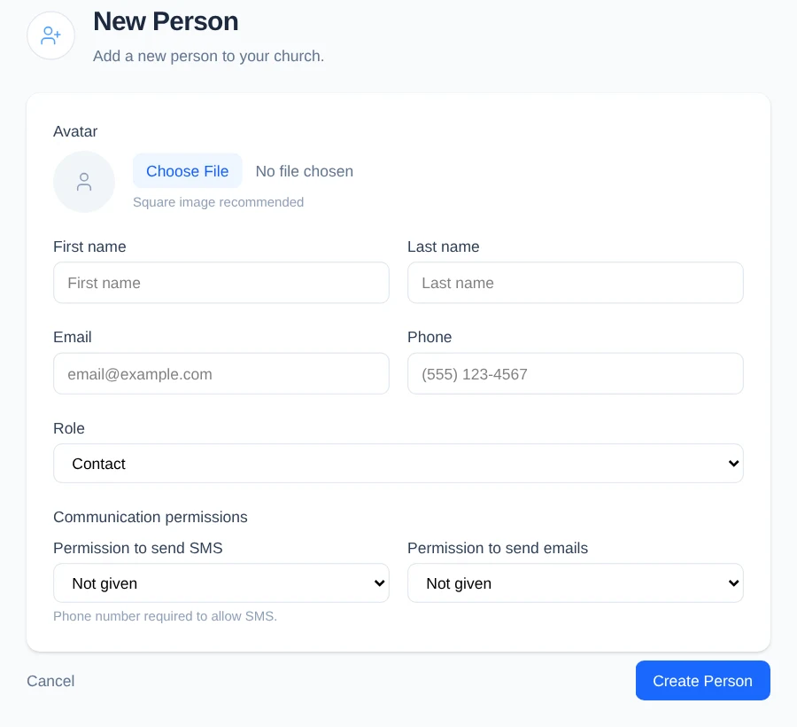 New Person form with contact, role, and communication-permission fields.
