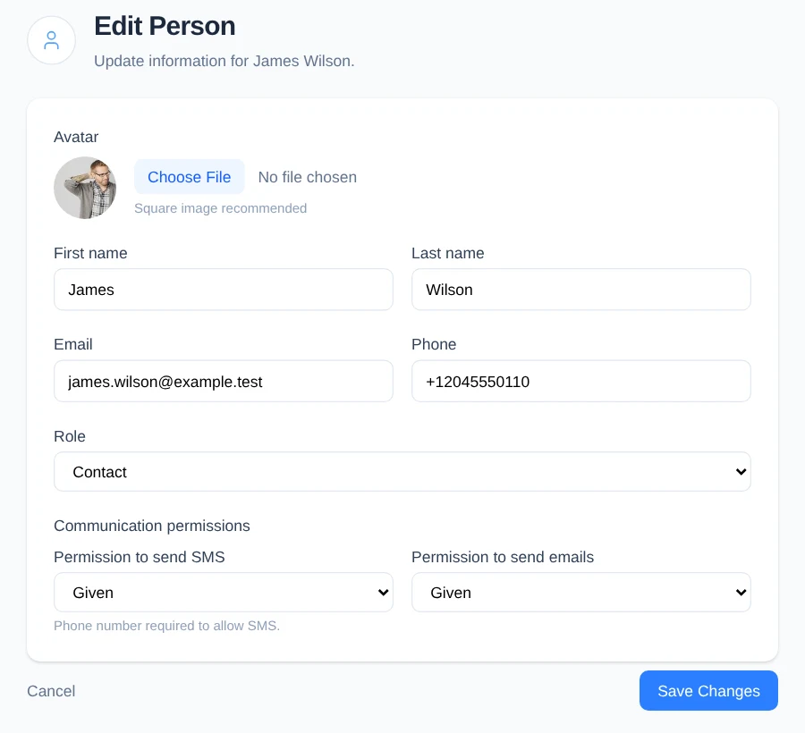 Edit Person form with contact details, role, and communication permissions.
