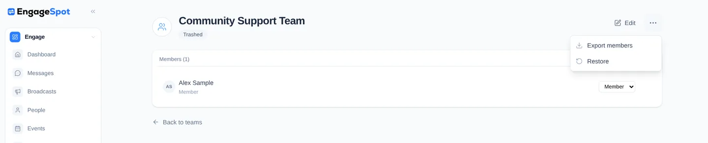 A trashed Community Support Team with its member preserved and Restore available in the actions menu.