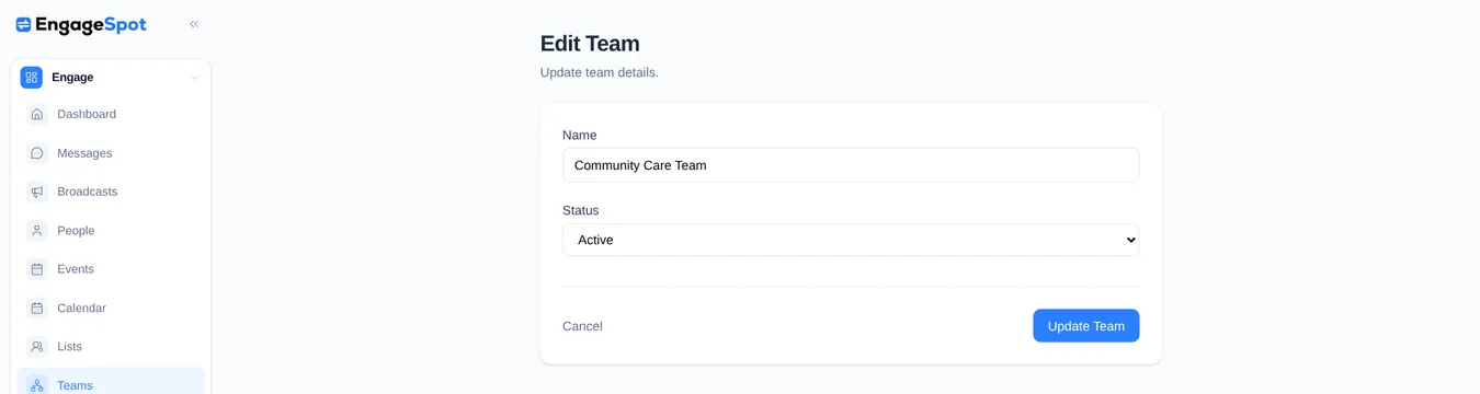 The Edit Team form showing the Team name and Active status fields.