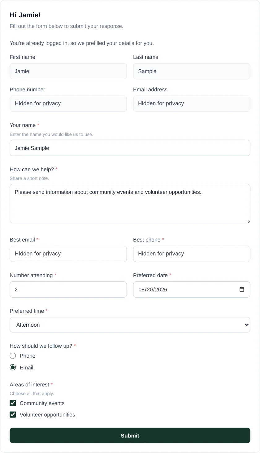 Completed Community Interest Form showing privacy-hidden contact fields and each supported question type.